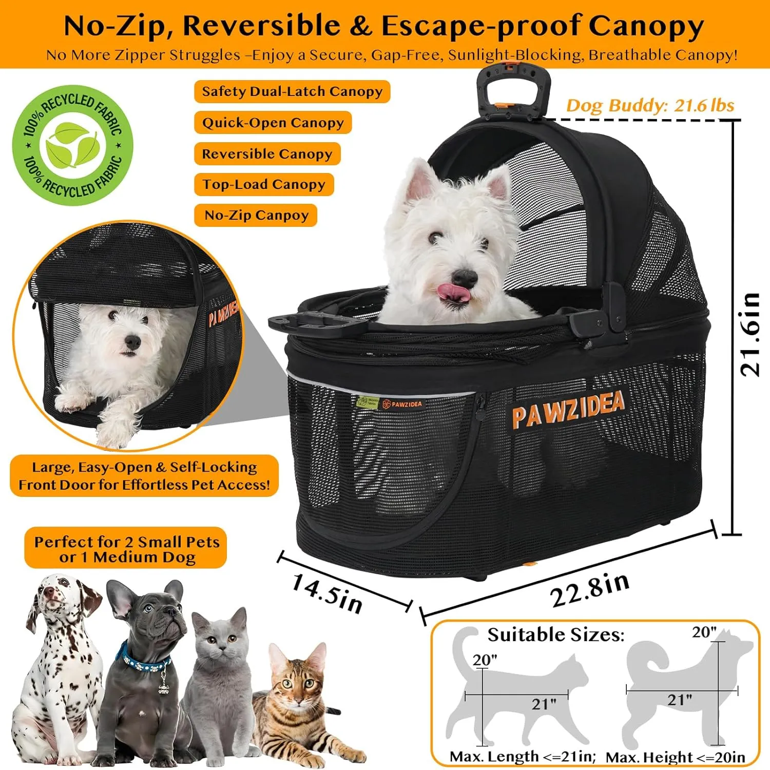 PAWZIDEA Portable Small Dog Crate for Car Travel, Enclosed Pet Car Seats for Small/Medium Dogs & Cats, Reversible No-Zip Canopy, Soft-Sided Pet Carrier Cage, Collapsible Travel Dog Kennel, Chew-Proof