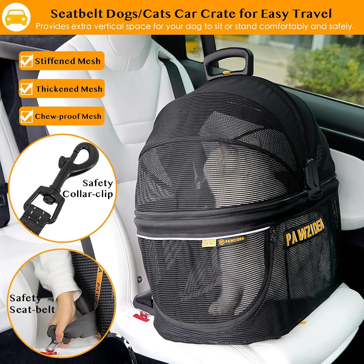 PAWZIDEA Portable Small Dog Crate for Car Travel, Enclosed Pet Car Seats for Small/Medium Dogs & Cats, Reversible No-Zip Canopy, Soft-Sided Pet Carrier Cage, Collapsible Travel Dog Kennel, Chew-Proof