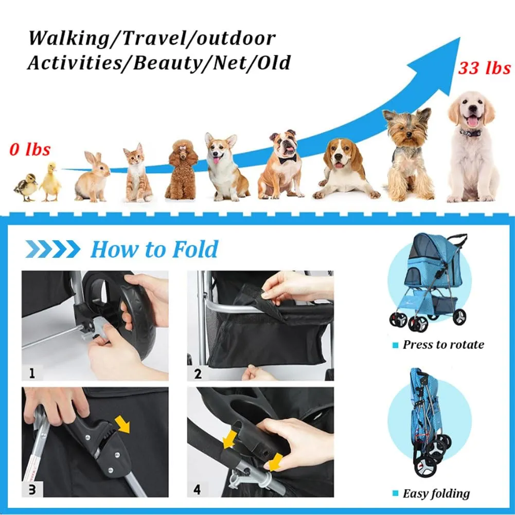 Pet Stroller 4 Wheels, Multifunction Dog Cat Jogger Stroller, Folding Lightweight Travel Stroller with Detachable Carrier &Cup Holder Suit for Small/Medium Dogs and Cats, Pink, 4 Wheels/Pink