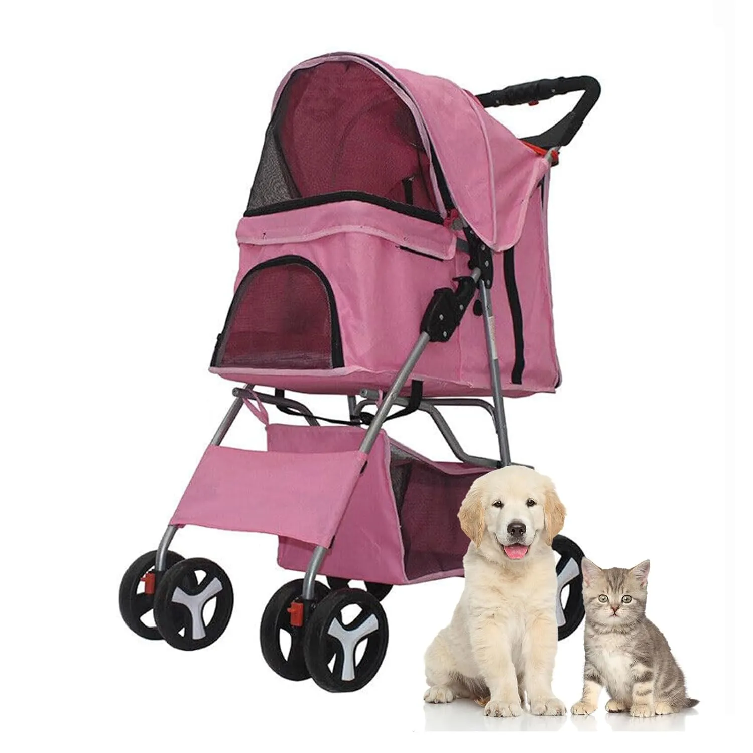 Pet Stroller 4 Wheels, Multifunction Dog Cat Jogger Stroller, Folding Lightweight Travel Stroller with Detachable Carrier &Cup Holder Suit for Small/Medium Dogs and Cats, Pink, 4 Wheels/Pink