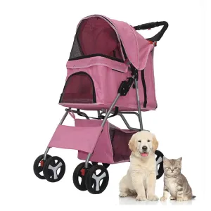 Pet Stroller 4 Wheels, Multifunction Dog Cat Jogger Stroller, Folding Lightweight Travel Stroller with Detachable Carrier &Cup Holder Suit for Small/Medium Dogs and Cats, Pink, 4 Wheels/Pink