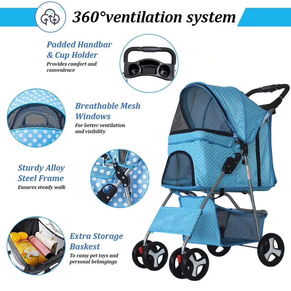 Pet Stroller 4 Wheels, Multifunction Dog Cat Jogger Stroller, Folding Lightweight Travel Stroller with Detachable Carrier &Cup Holder Suit for Small/Medium Dogs and Cats, Pink, 4 Wheels/Pink