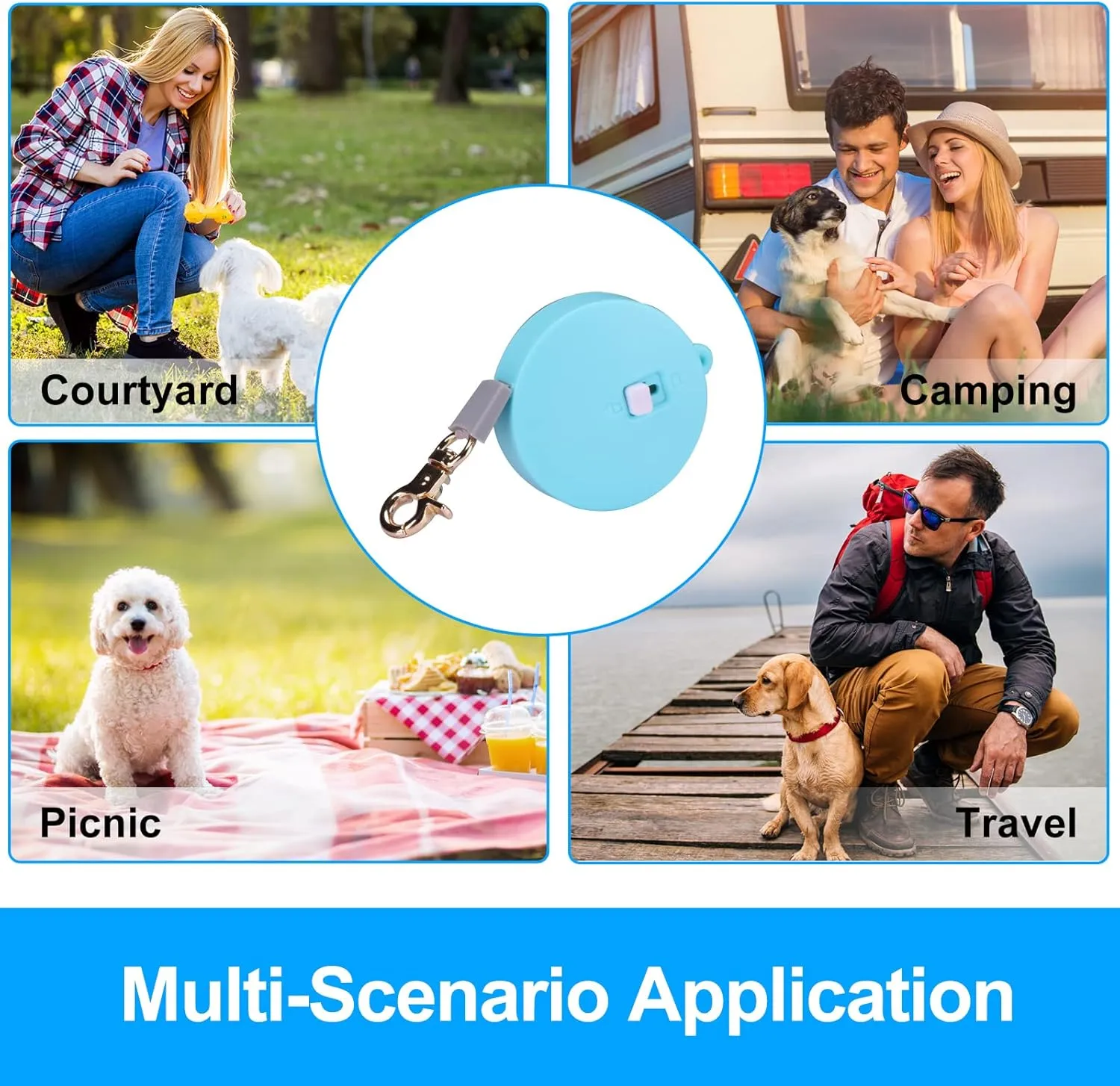 Retractable Dog Leash for Small Dogs Cats up to 11lbs with 6.5ft Anti-Pull Strong Nylon Tape, Hands Free, Mini and Portable Walking Leash with Wrist Strap, One-Hand Brake, Blue Round