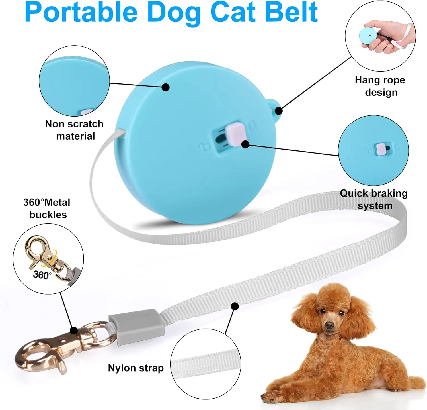 Retractable Dog Leash for Small Dogs Cats up to 11lbs with 6.5ft Anti-Pull Strong Nylon Tape, Hands Free, Mini and Portable Walking Leash with Wrist Strap, One-Hand Brake, Blue Round
