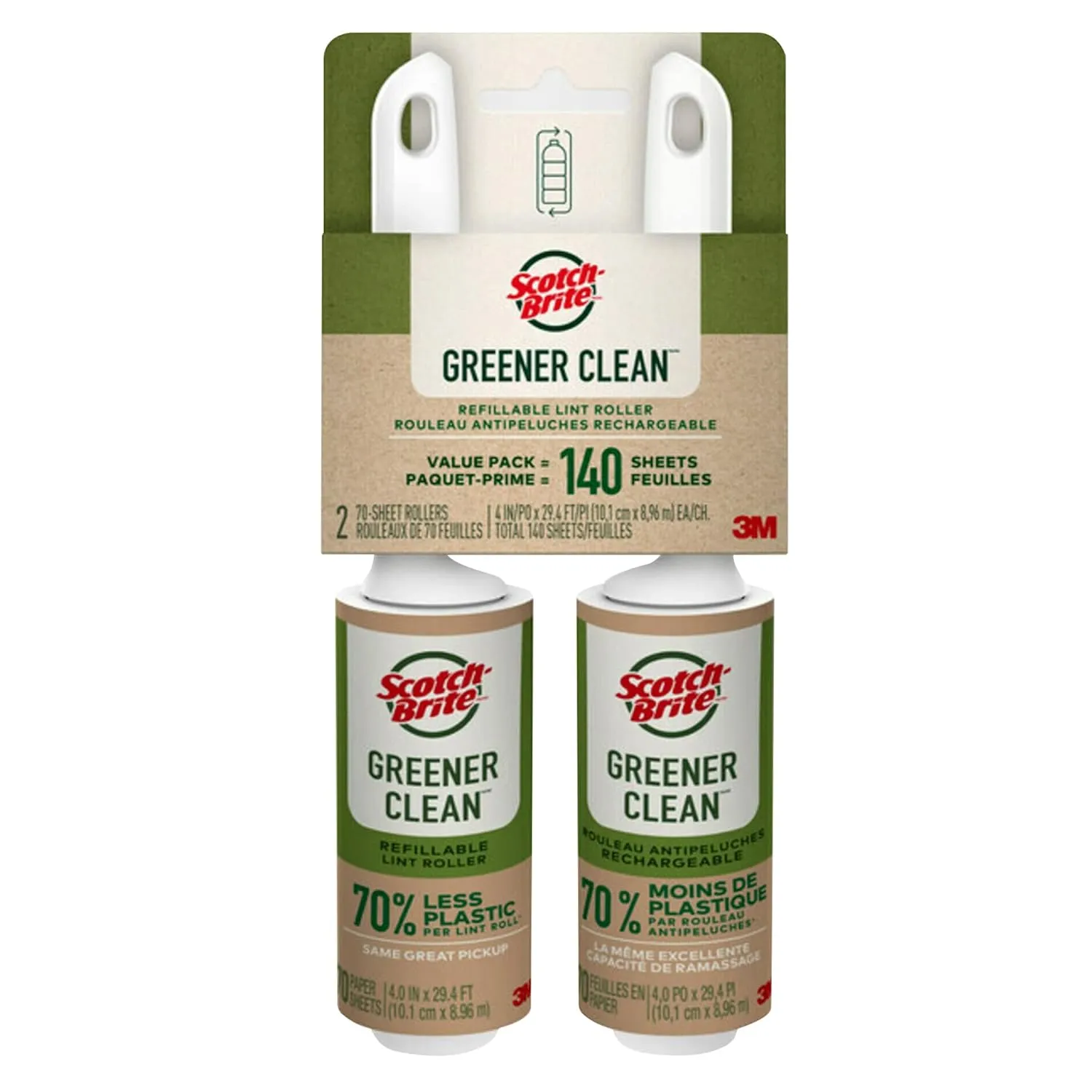 Scotch-Brite Greener Clean Lint Roller Twin Pack, 70 Sheets, Reusable Lint Rollers for Clothes, Furniture, and Pet Hair, Tidy Up Fabrics with a More Sustainable Fuzz Remover