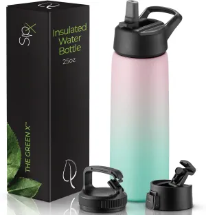 SipX Triple-Insulated Stainless Steel Water Bottle 25oz. With 3 Lids, BPA-Free Reusable Insulated Water Bottle Keeps Cold 24 Hours, (Gradiant Mint Pink)