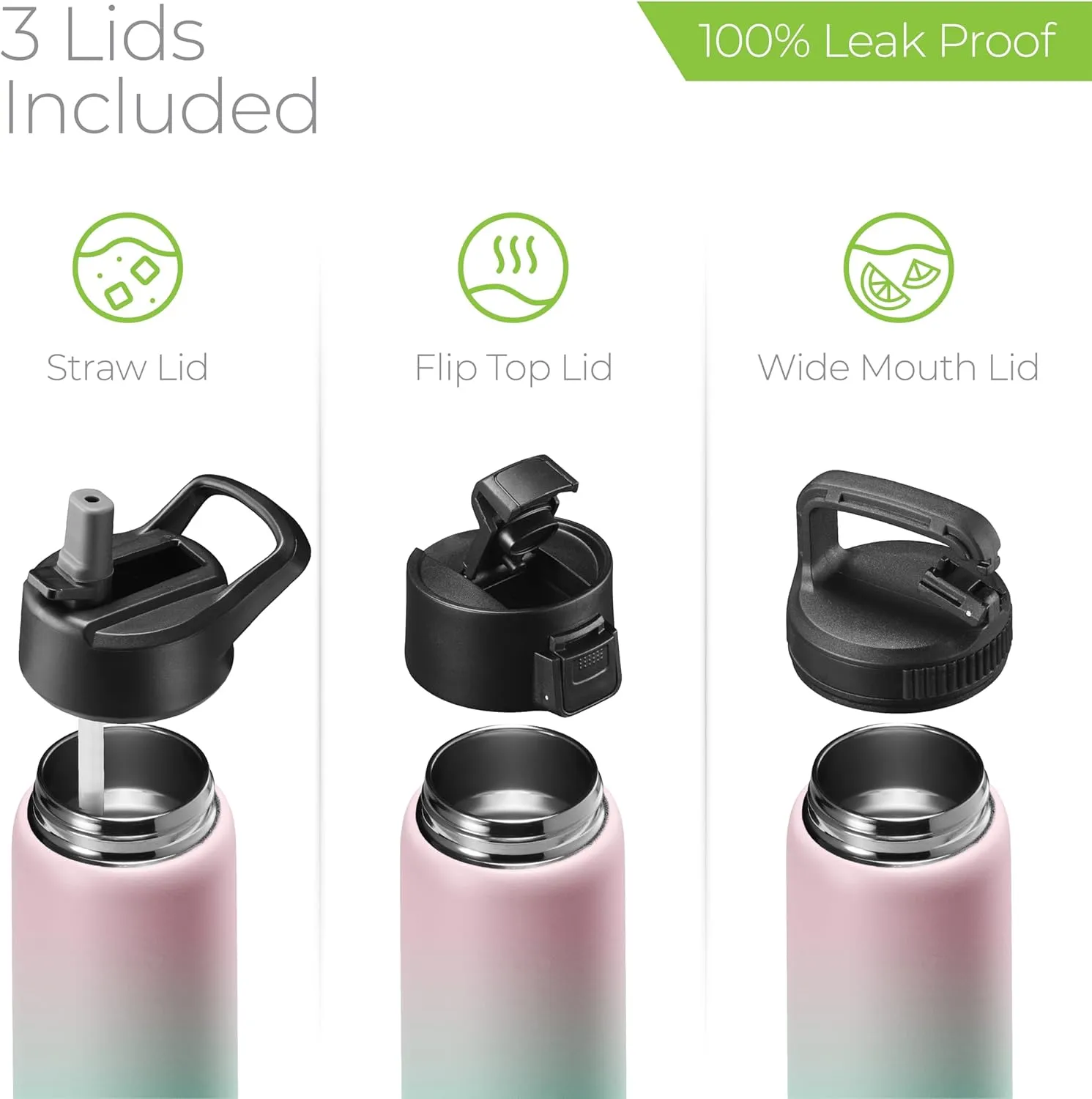 SipX Triple-Insulated Stainless Steel Water Bottle 25oz. With 3 Lids, BPA-Free Reusable Insulated Water Bottle Keeps Cold 24 Hours, (Gradiant Mint Pink)