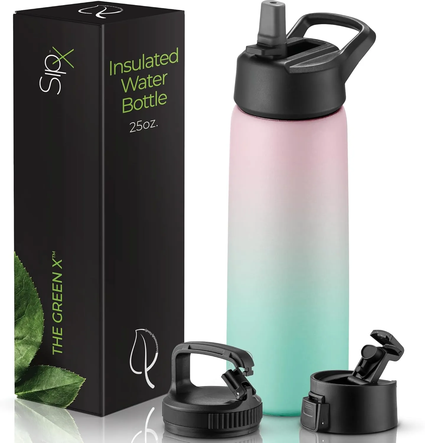 SipX Triple-Insulated Stainless Steel Water Bottle 25oz. With 3 Lids, BPA-Free Reusable Insulated Water Bottle Keeps Cold 24 Hours, (Gradiant Mint Pink)