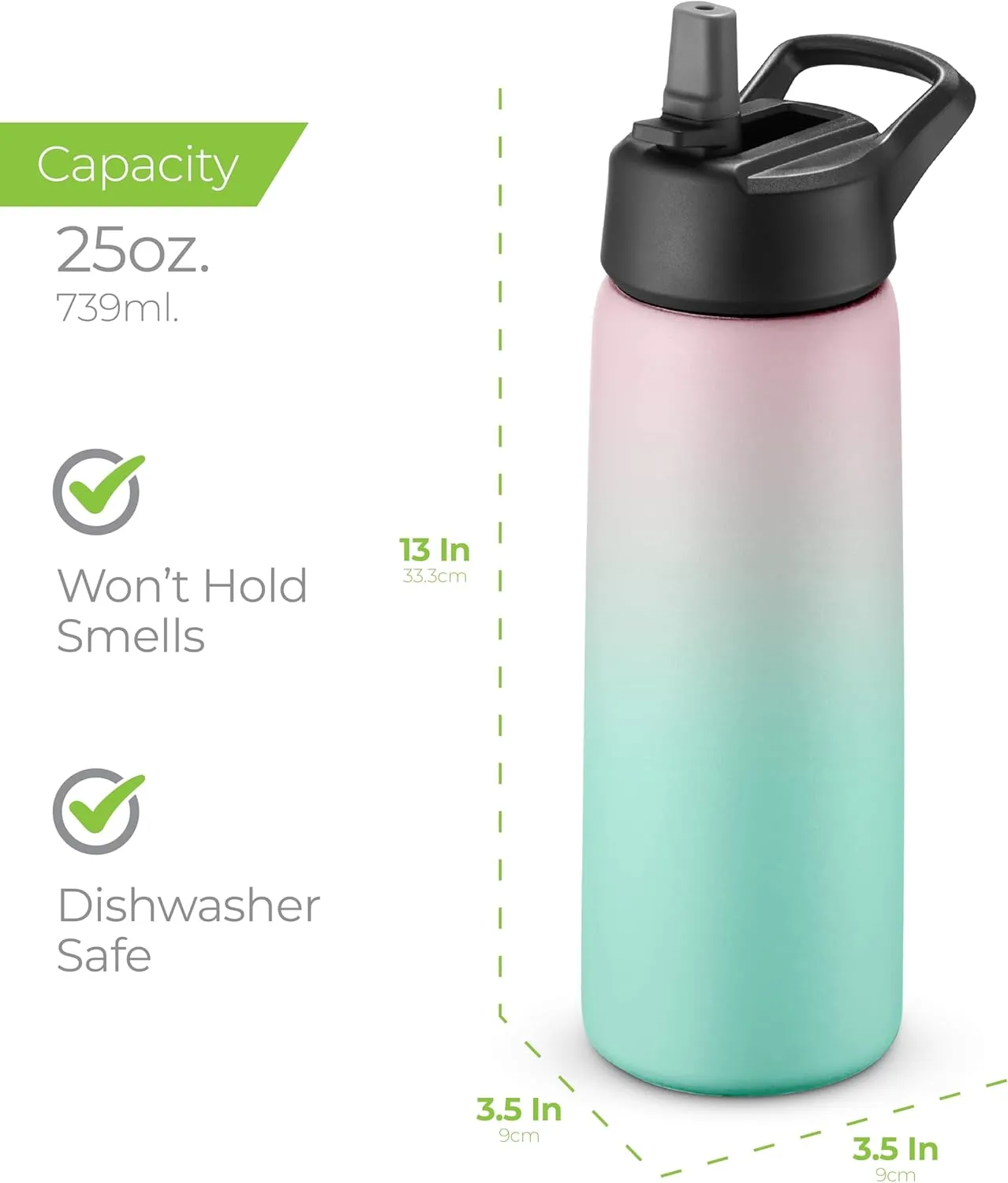 SipX Triple-Insulated Stainless Steel Water Bottle 25oz. With 3 Lids, BPA-Free Reusable Insulated Water Bottle Keeps Cold 24 Hours, (Gradiant Mint Pink)