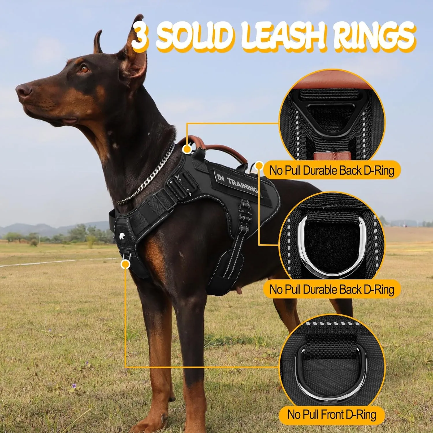 Tactical Dog Harness - Full Metal Buckles No Pull Dog Vest with Leather Handle, Hook & Loop for Hiking Training (Black, L)