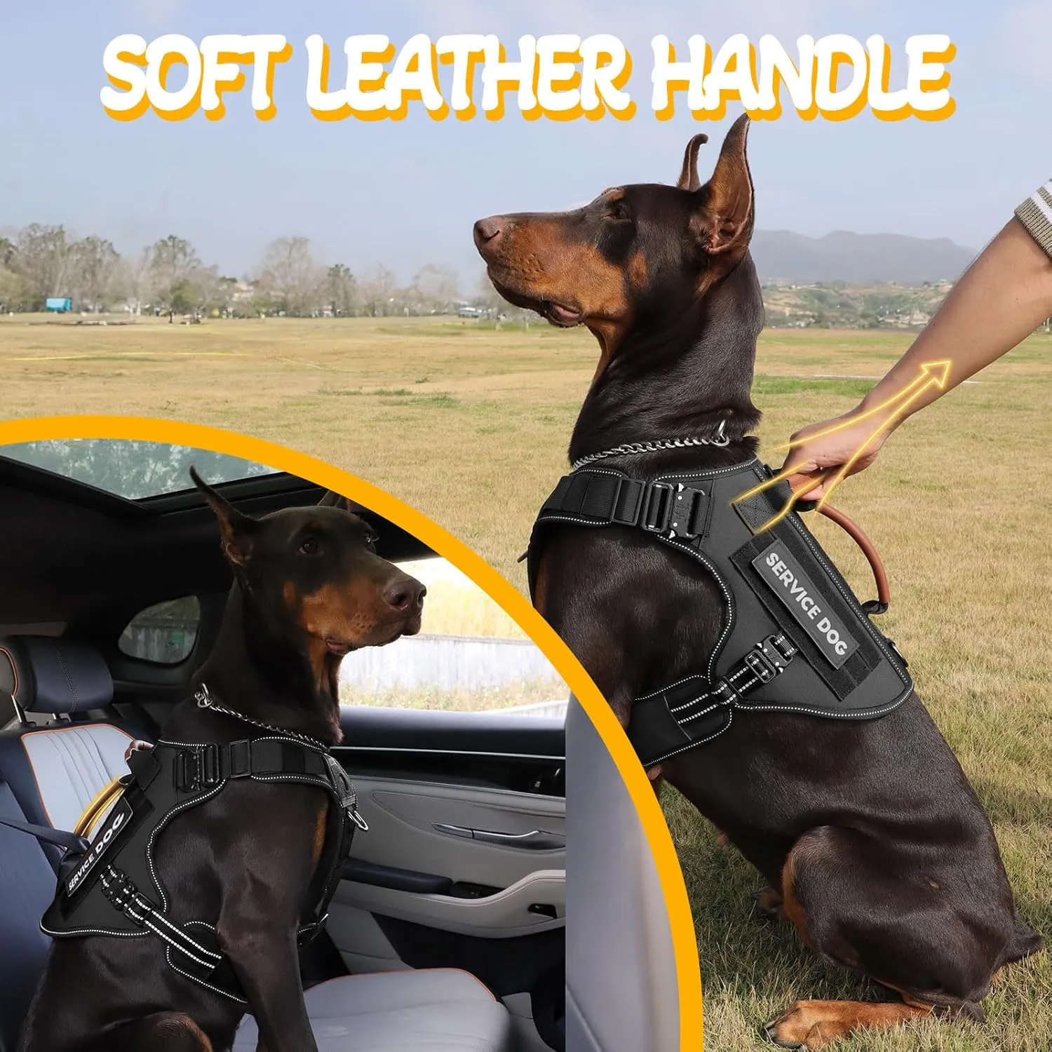 Tactical Dog Harness - Full Metal Buckles No Pull Dog Vest with Leather Handle, Hook & Loop for Hiking Training (Black, L)