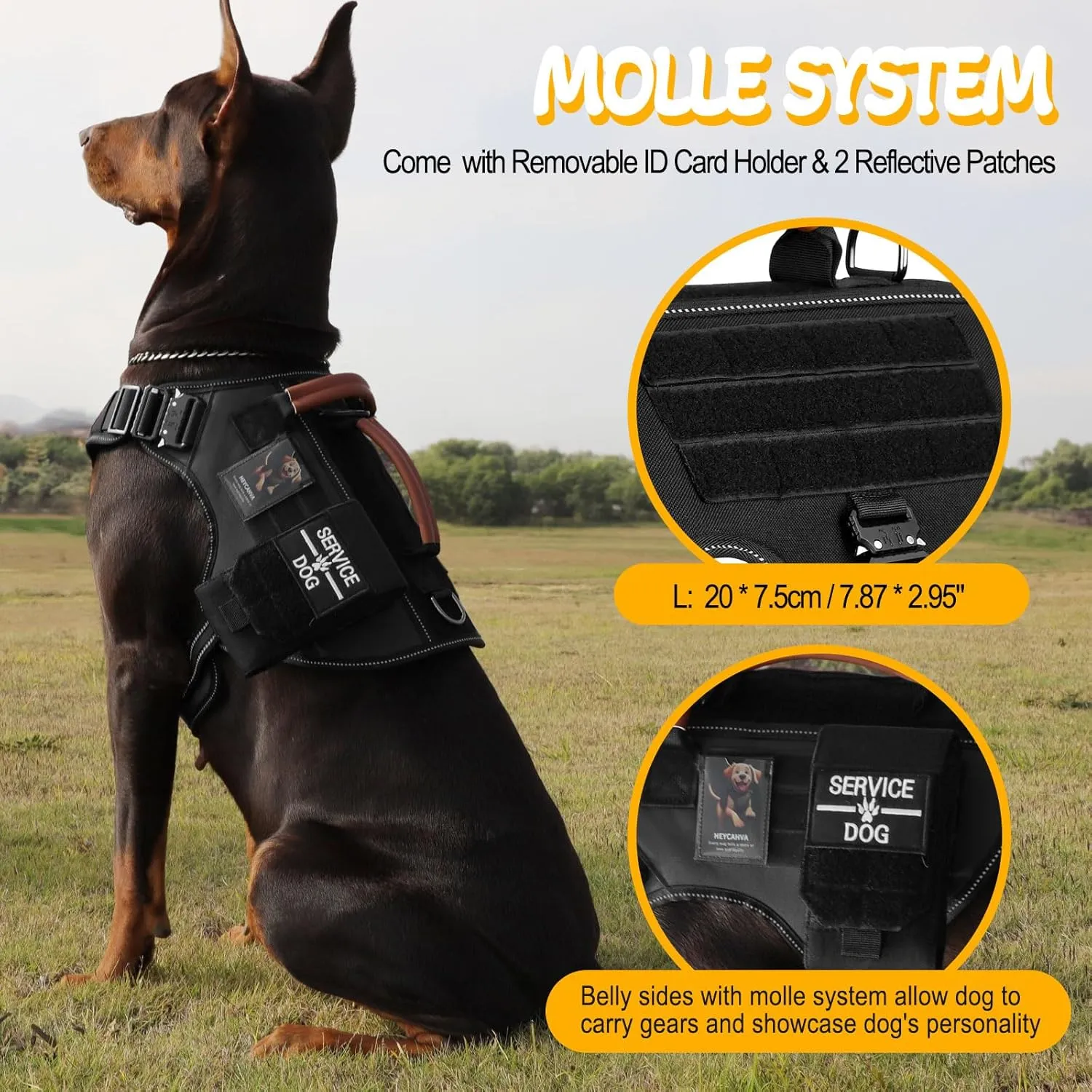Tactical Dog Harness - Full Metal Buckles No Pull Dog Vest with Leather Handle, Hook & Loop for Hiking Training (Black, L)