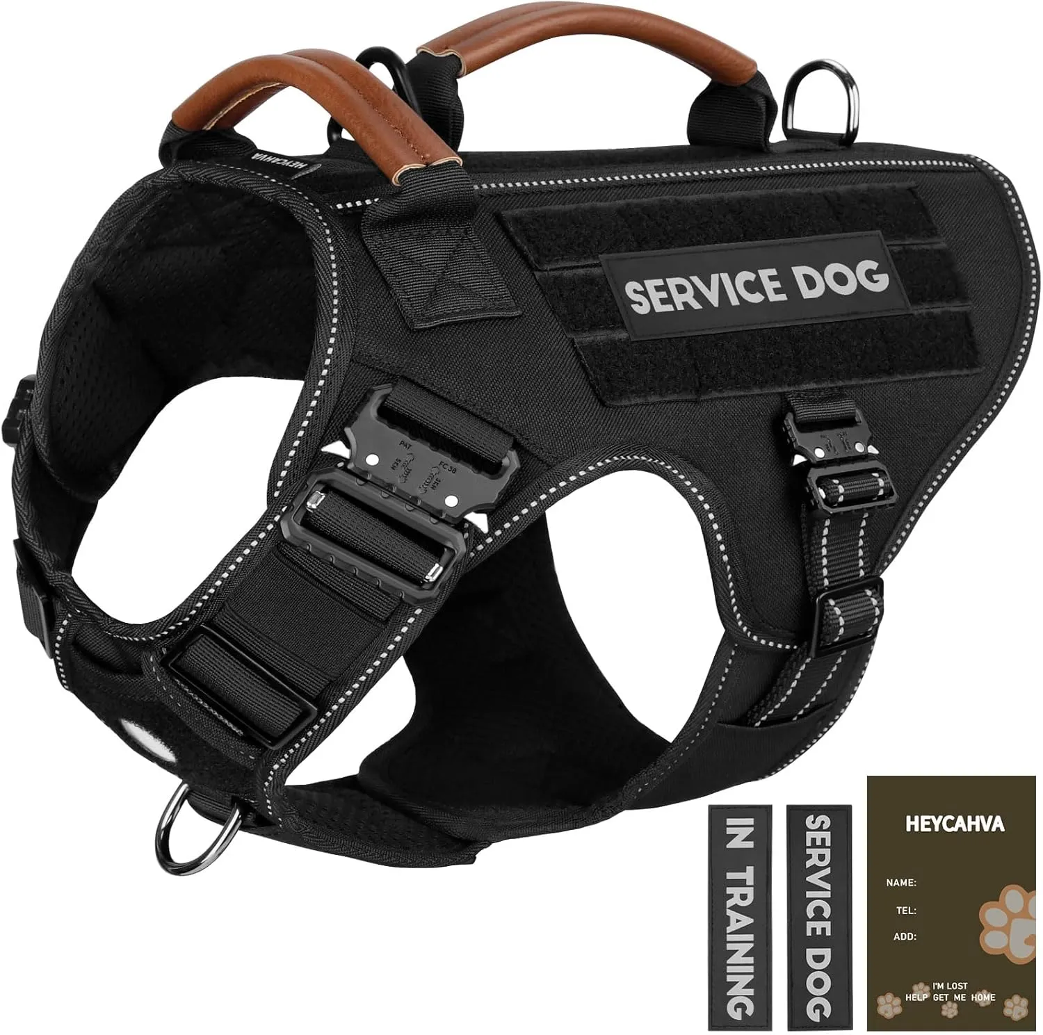 Tactical Dog Harness - Full Metal Buckles No Pull Dog Vest with Leather Handle, Hook & Loop for Hiking Training (Black, L)