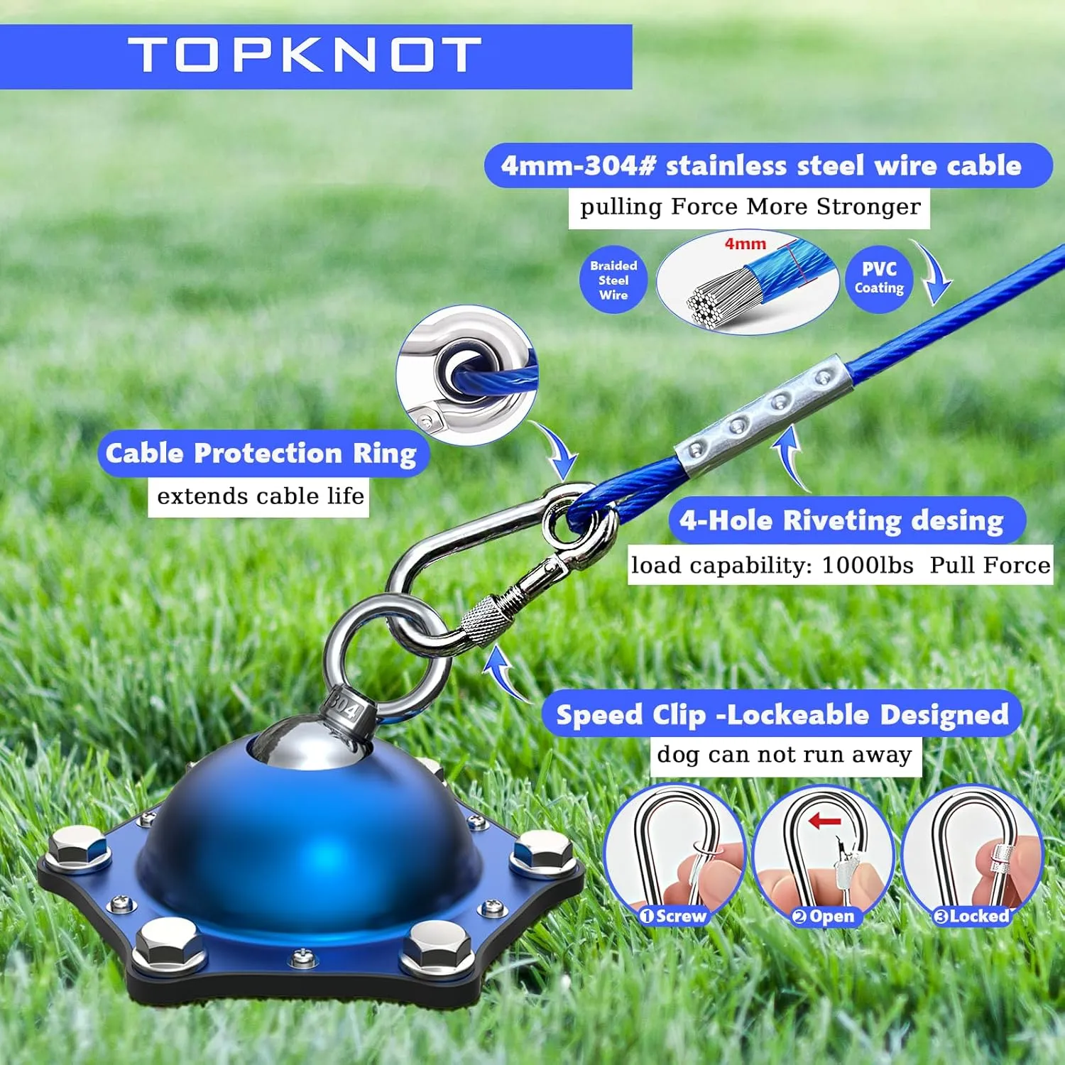TOPKNOT Dog Tie Out Cable and Stake for Camping,360Swivel Dog Run- No Tangle,with 30FT Heavy Duty Cable, Runner for Yard - Up to 150LBS,Ideal for Outdoor Camping