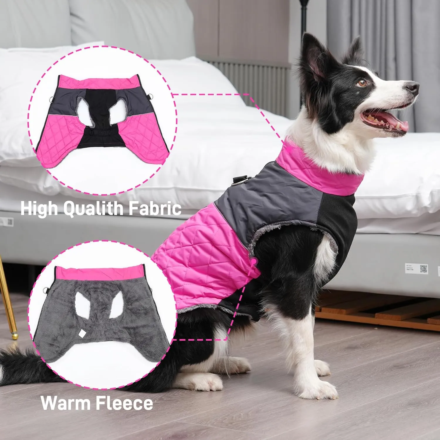 Warm Fleece Dog Coats for Large Dogs,D-Rings Waterproof Puppy Jacket for Cold Winter,Pink XXL